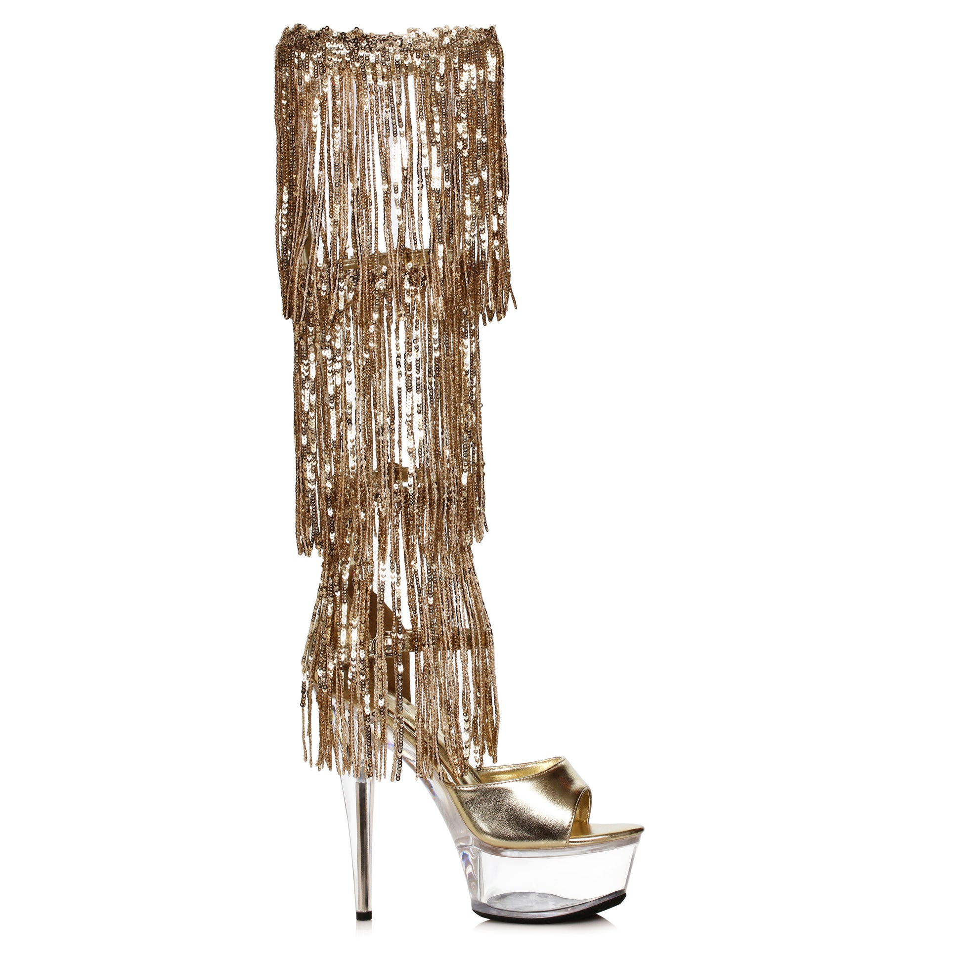 609-LADY Ellie Shoes 6" Stiletto Sandal with Knee High Metallic Fringe 6 INCH HEEL KNEE HIGH