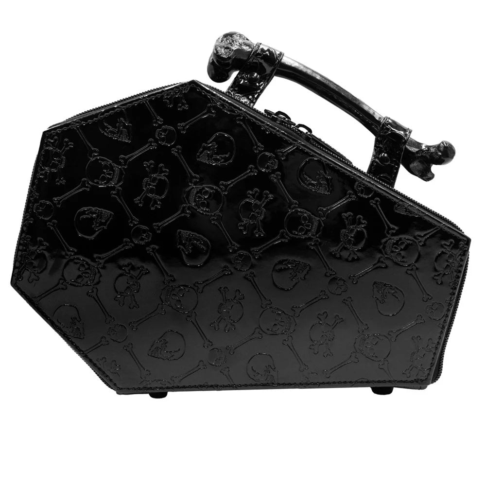 Embossed Patent Skull Crossbones Coffin Purse Bag