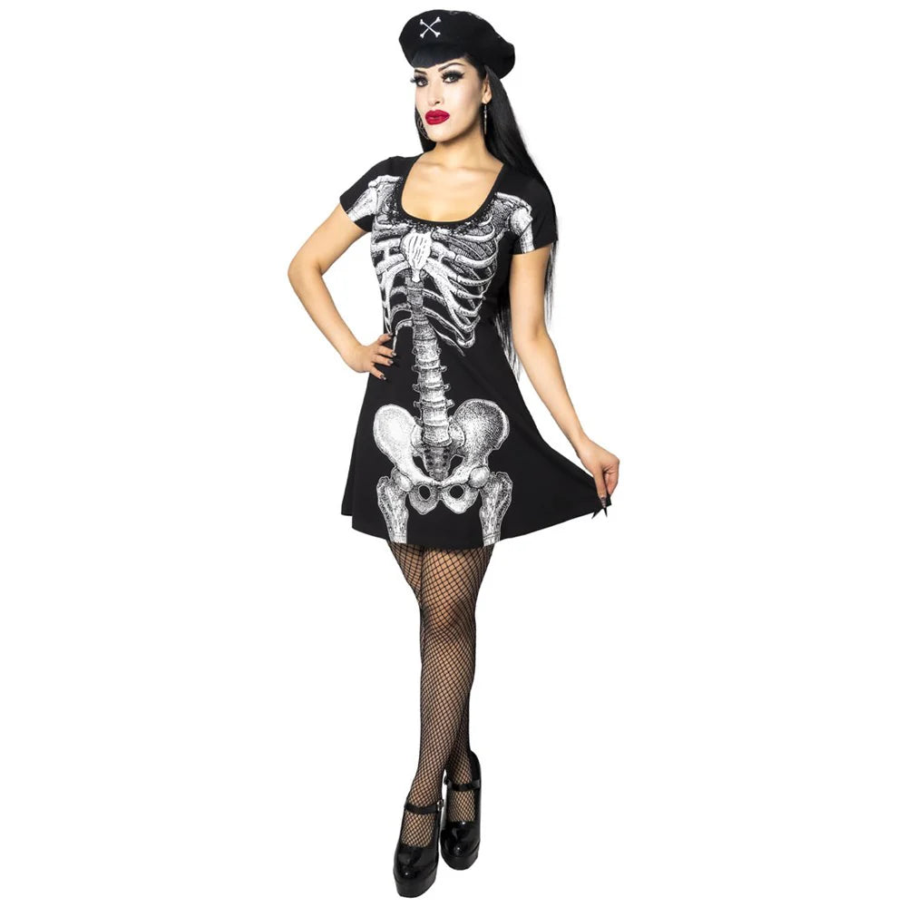 Skeleton White Flare Dress Bones Halloween Spooky Hip Crypt Kreepsville