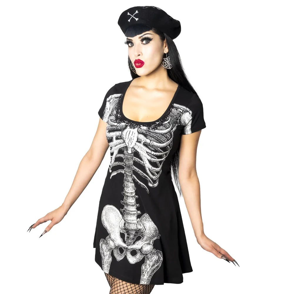 Skeleton White Flare Dress Bones Halloween Spooky Hip Crypt Kreepsville