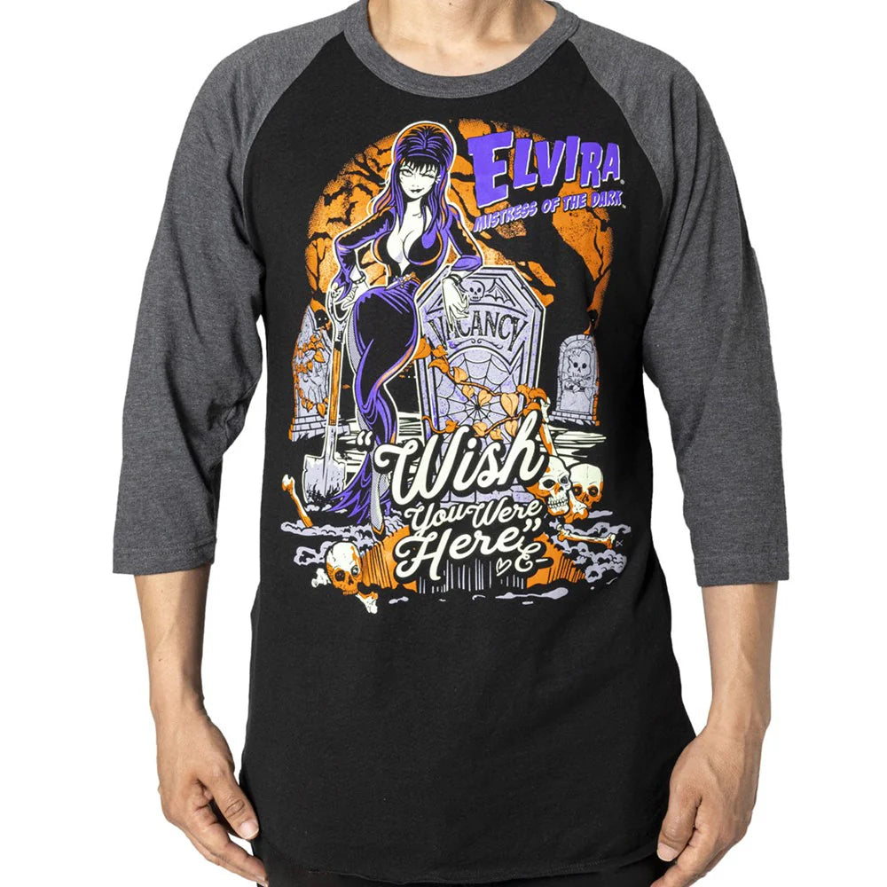 Elvira Wish You Were Here Mens Longsleeve Raglan Tee Shirt Kreepsville Halloween Hip Crypt Movie Macabre Clothing