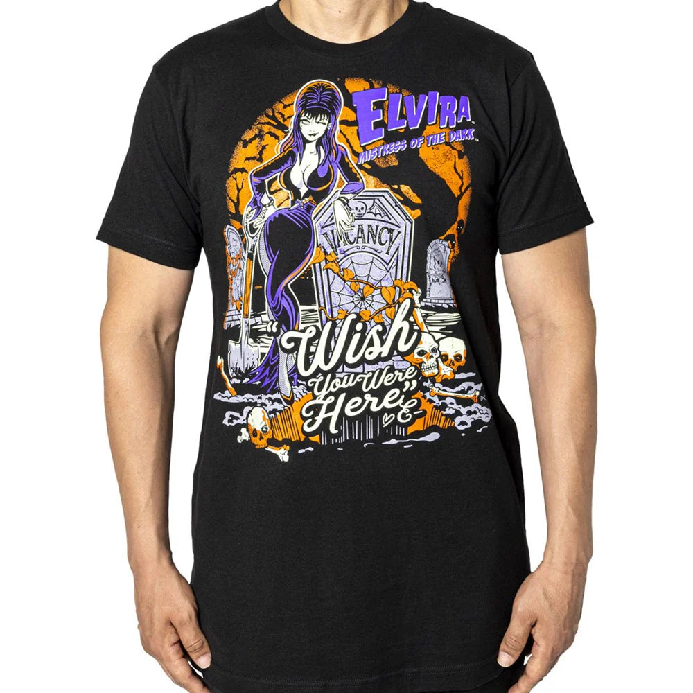 Elvira Wish You Were Here Mens T-Shirt Kreepsville Halloween Hip Crypt Movie Macabre Clothing