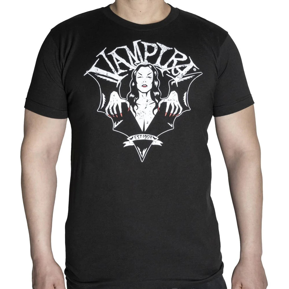 Vampira Bat Wing Crest T-shirt Kreepsville Halloween Hip Crypt Horror Movie Clothing Plan 9 from Outer Space 