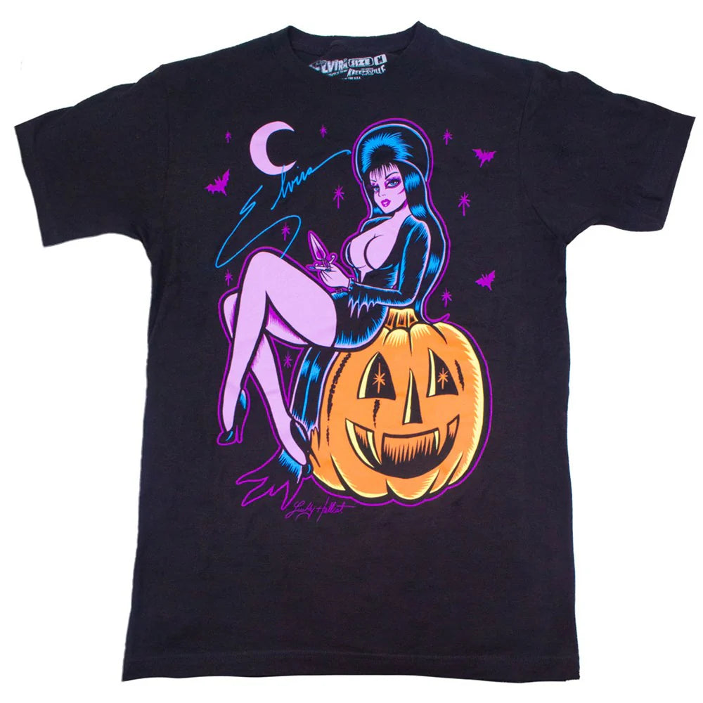 Elvira Hellcat Pumpkin Pin-up Men's T-Shirt Kreepsville Halloween Hip Crypt Movie Macabre Clothing