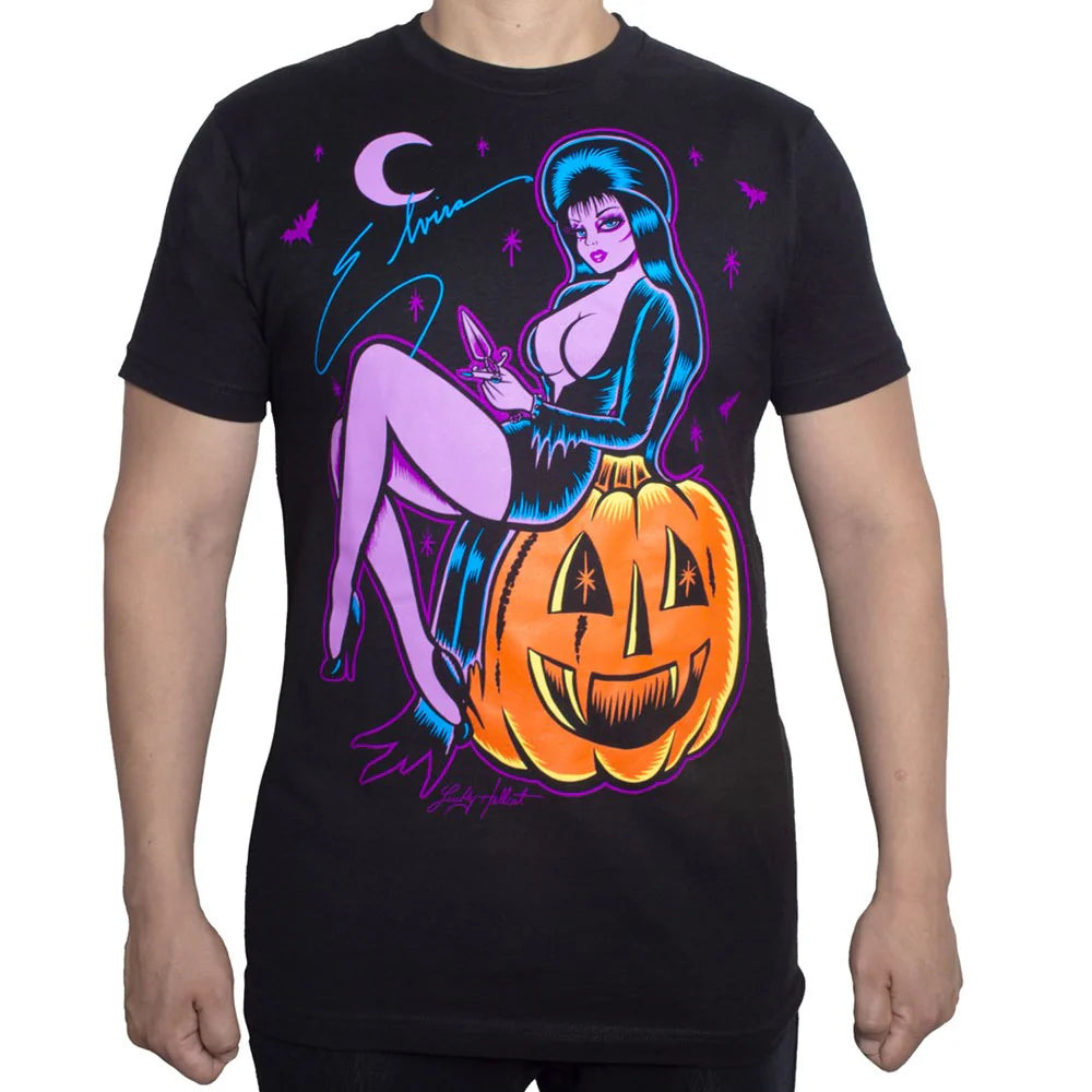 Elvira Hellcat Pumpkin Pin-up Men's T-Shirt Kreepsville Halloween Hip Crypt Movie Macabre Clothing