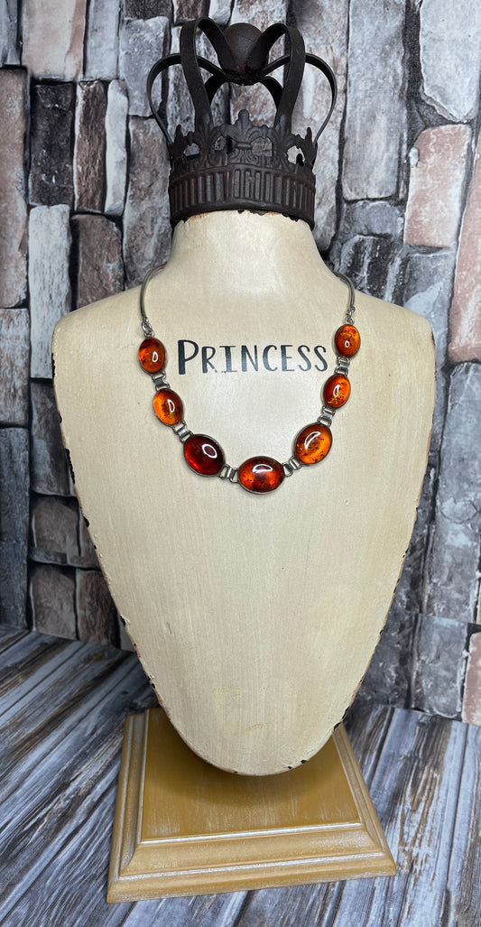 Vintage Amber Sterling Silver Cabochon Necklace