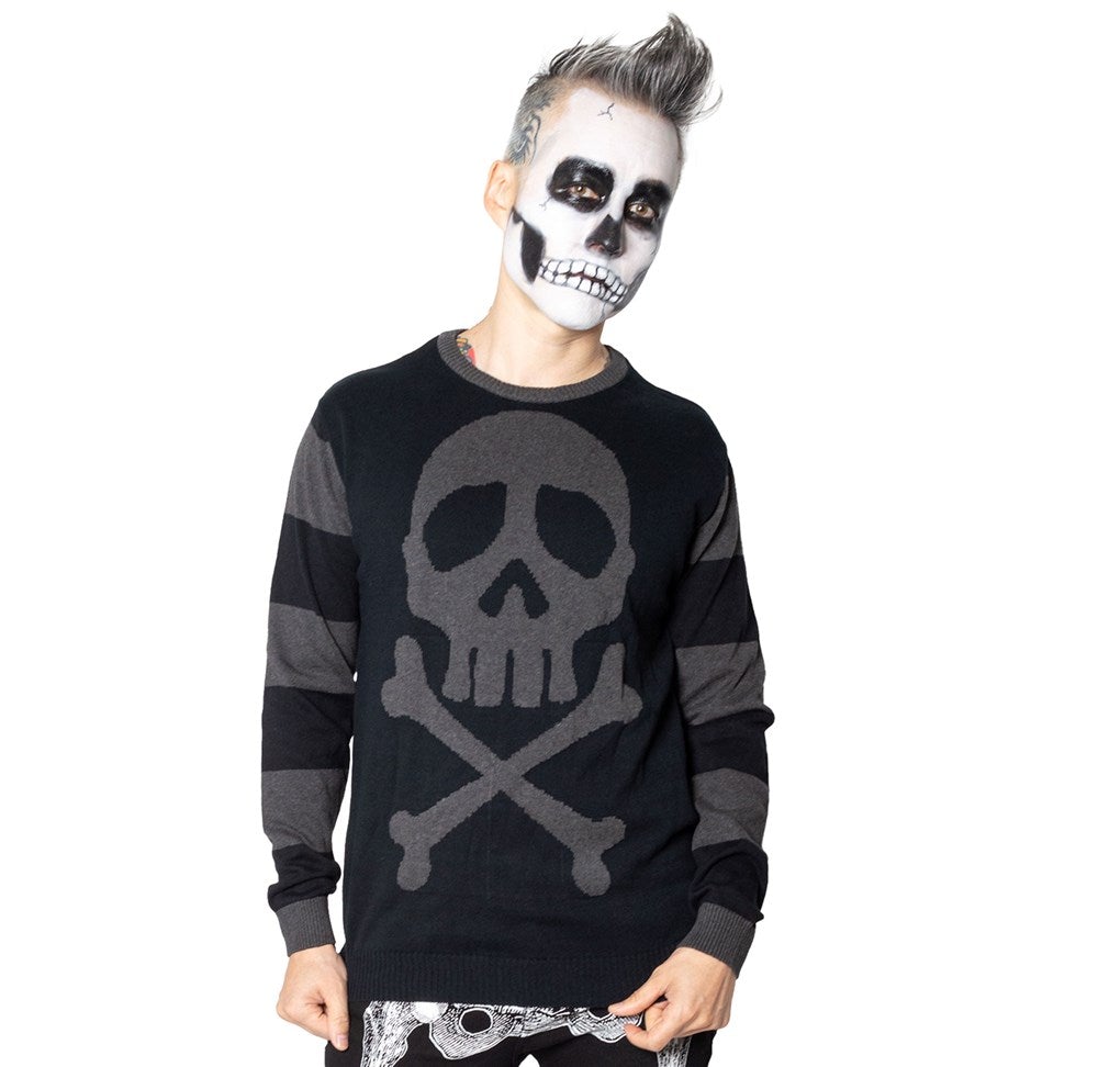 Harlock Skull Grey Striped Sweater Hip Crypt Kreepsville Halloween Spooky Season Horror 