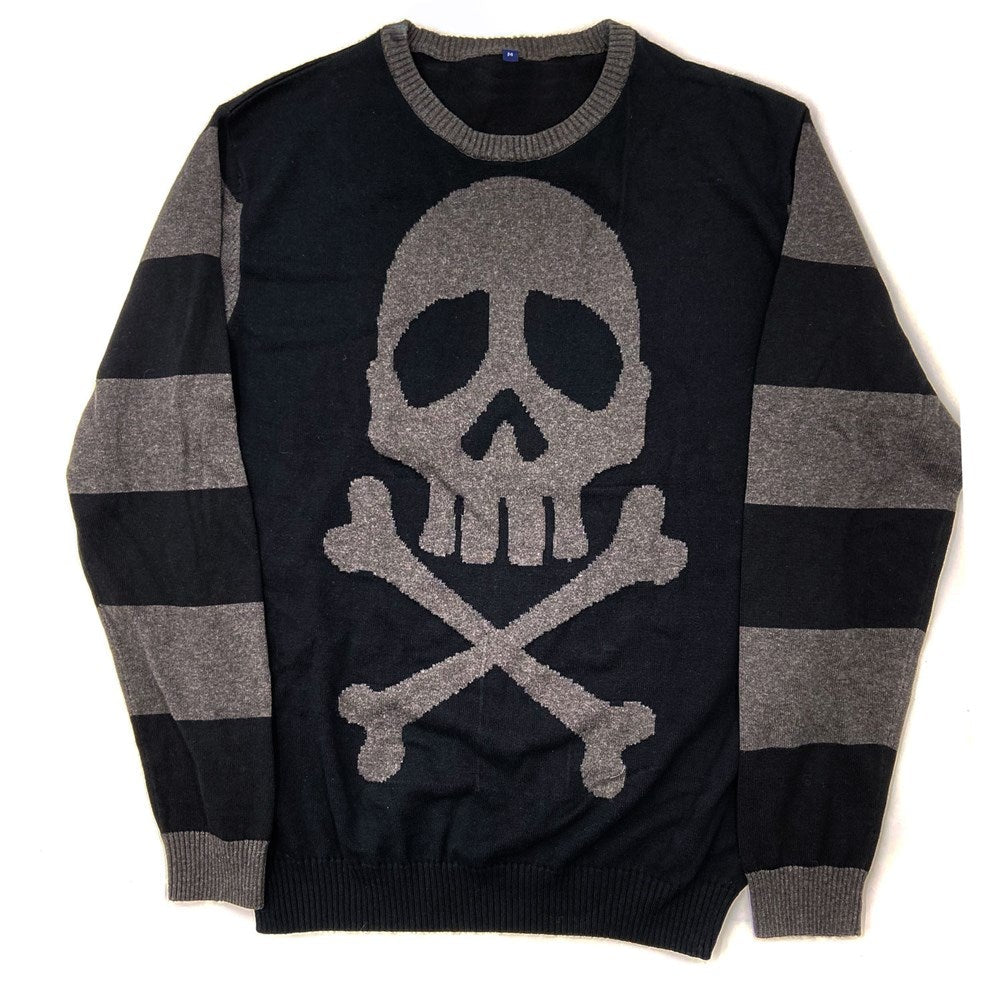 Harlock Skull Grey Striped Sweater Hip Crypt Kreepsville Halloween Spooky Season Horror 