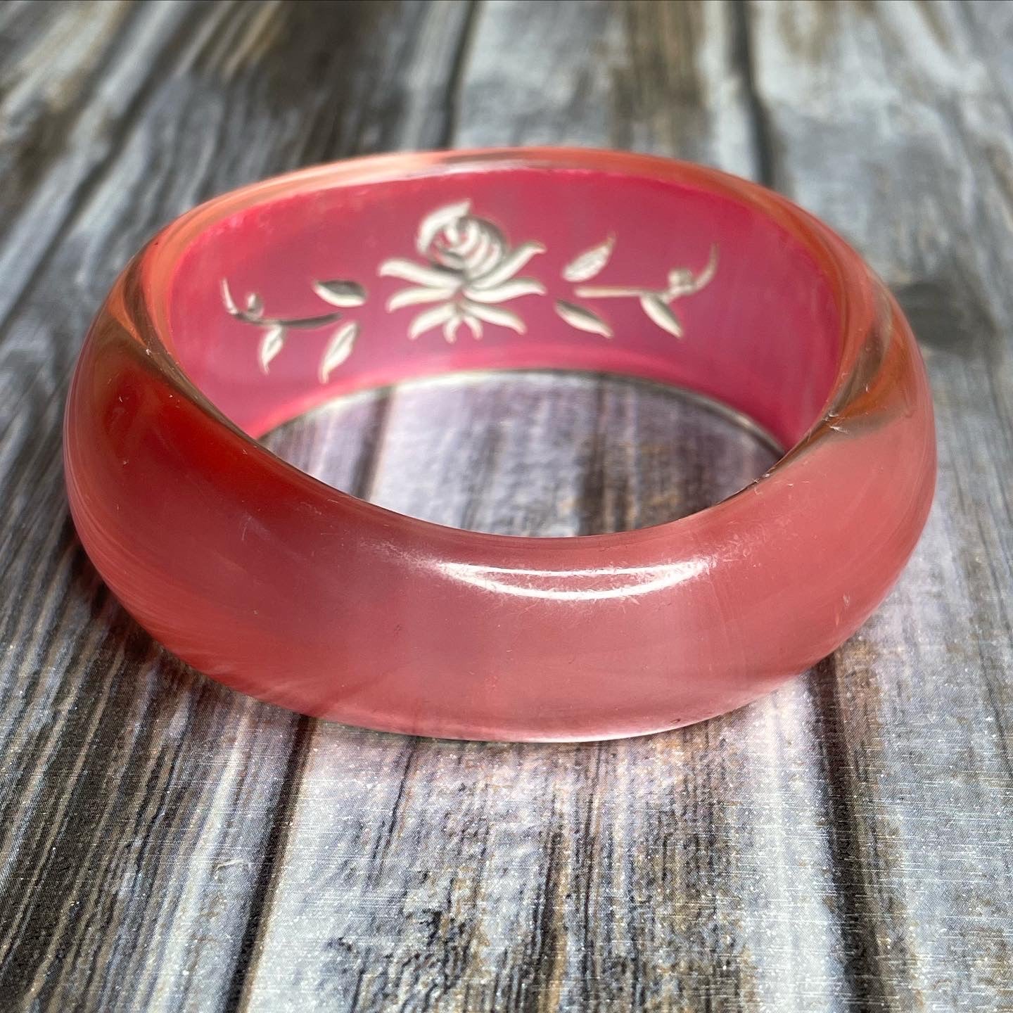 Vintage Reversed Carved Floral Pink Lucite Bangle