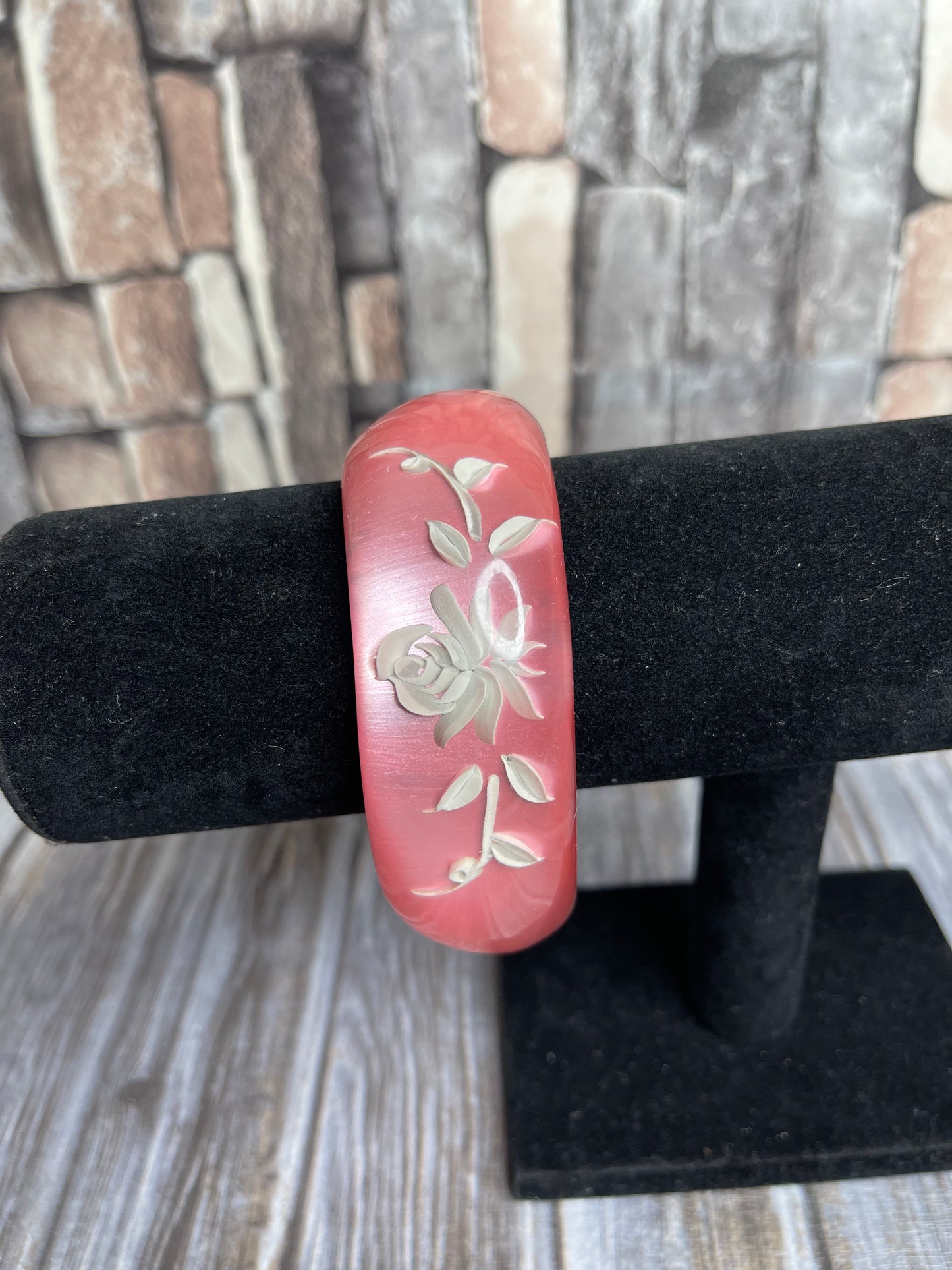 Vintage Reversed Carved Floral Pink Lucite Bangle