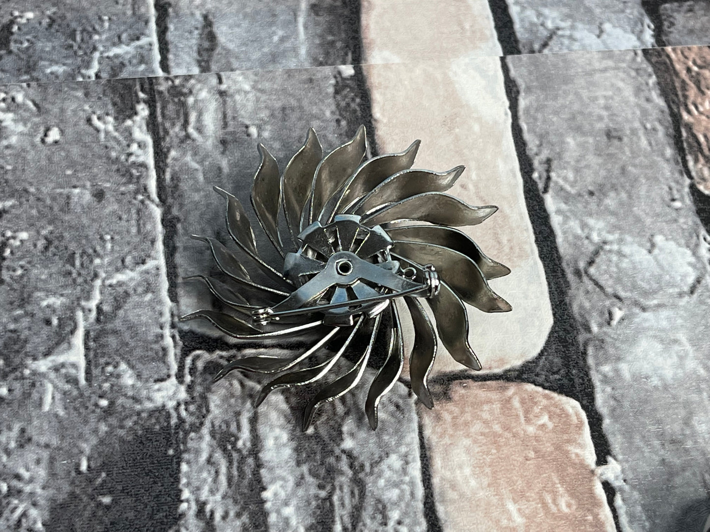 Silver Industrial Sun Pinwheel Brooch