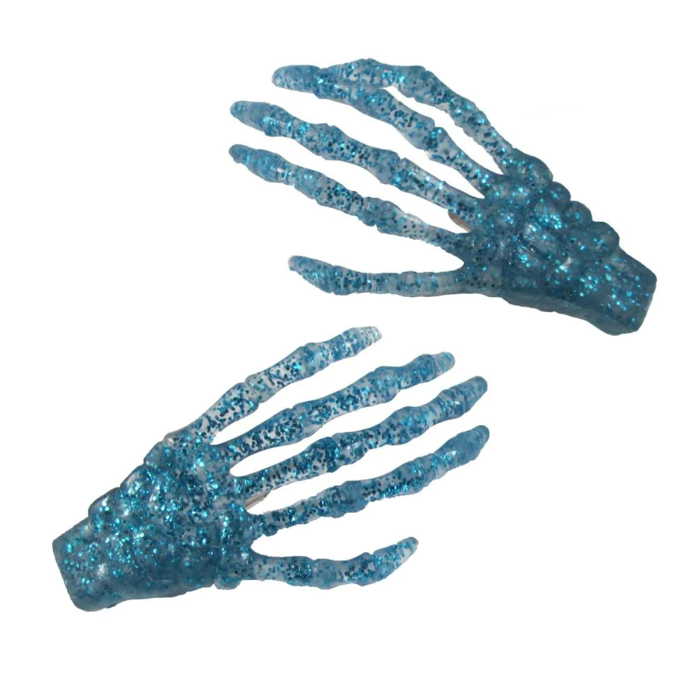 Skelelton Bone Hand Hairslides Blue Glitter