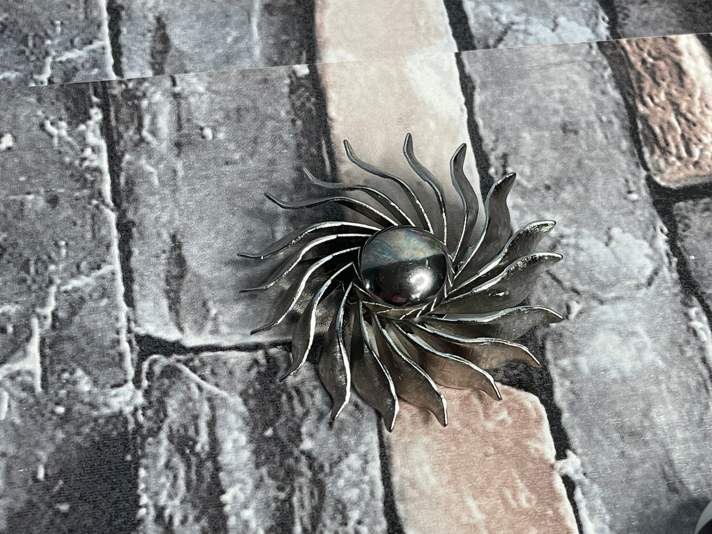 Silver Industrial Sun Pinwheel Brooch