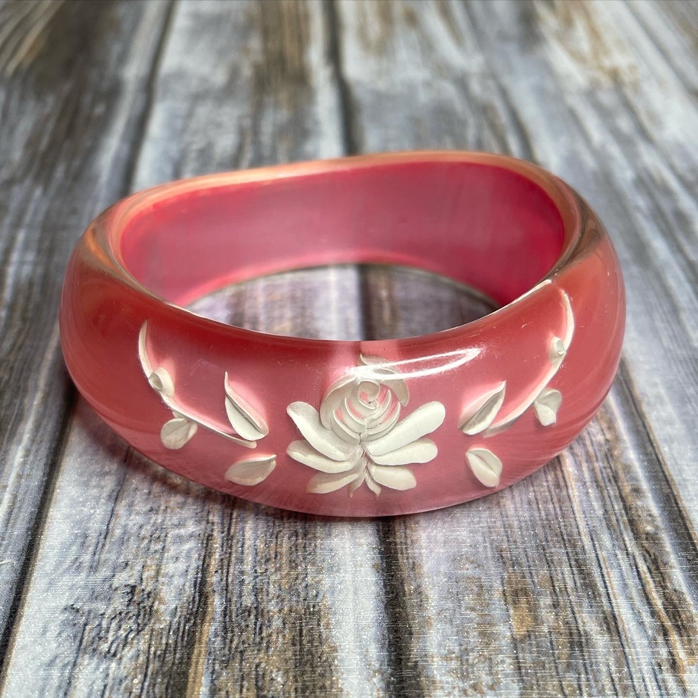 Vintage Reversed Carved Floral Pink Lucite Bangle